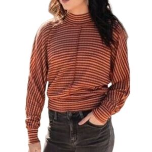 Striped Mock Neck Long-Sleeve Top - Rust/Black